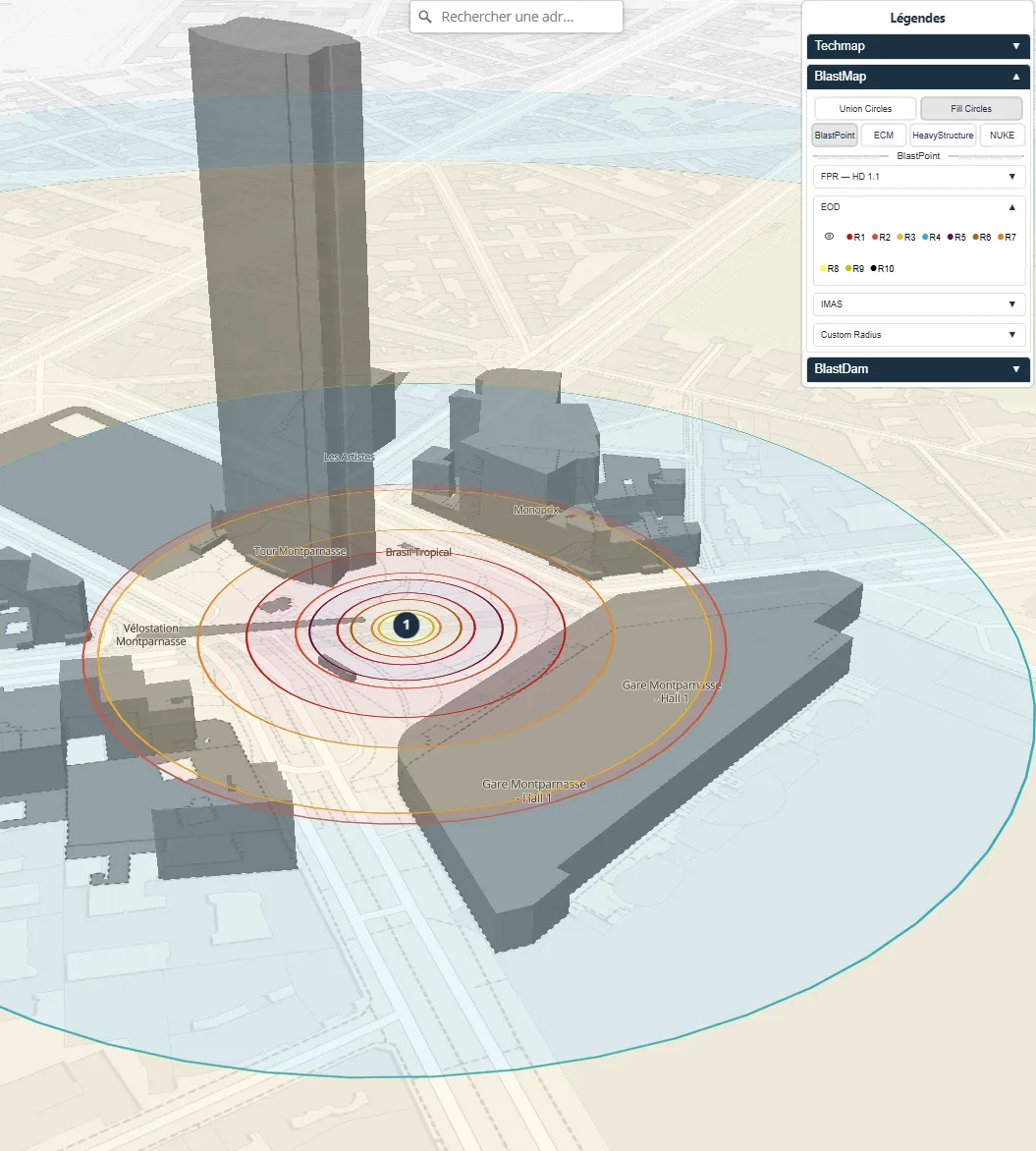 BlastMap : cercles de zonage des effets d’une explosion sur un quartier en 3D