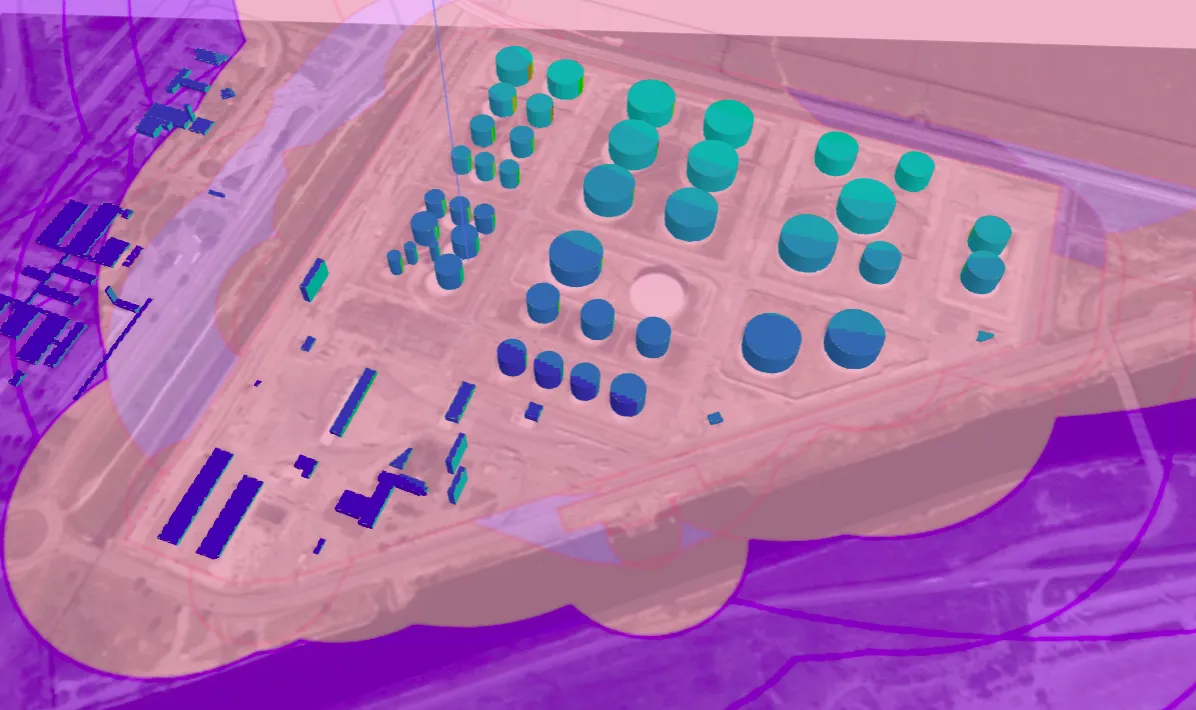 RISKMAP : le même dépôt vu de dessus, cuves et bâtiments relevés en 3D, zones d’effets colorées par-dessus le site