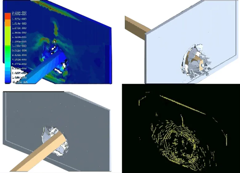 Simulation d’un impact sur un vitrage, en quatre vues : contraintes, perforation et fissuration
